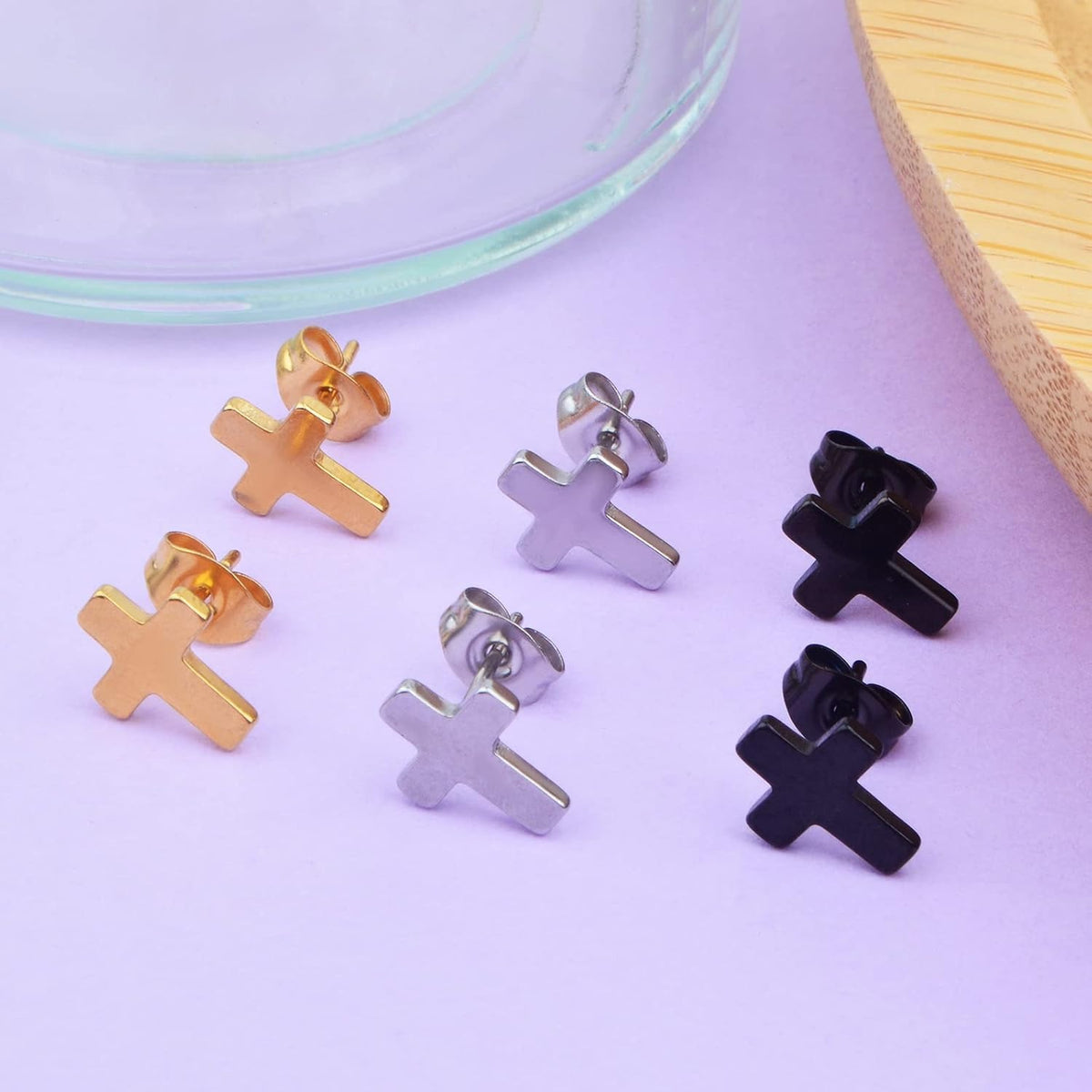3 Pairs Hypoallergenic Tiny Cross Stud Earrings Stainless Steel Religious Cross Crucifix Shape Earrings Set for Women Men DIY Jewelry Making, 3 Colors