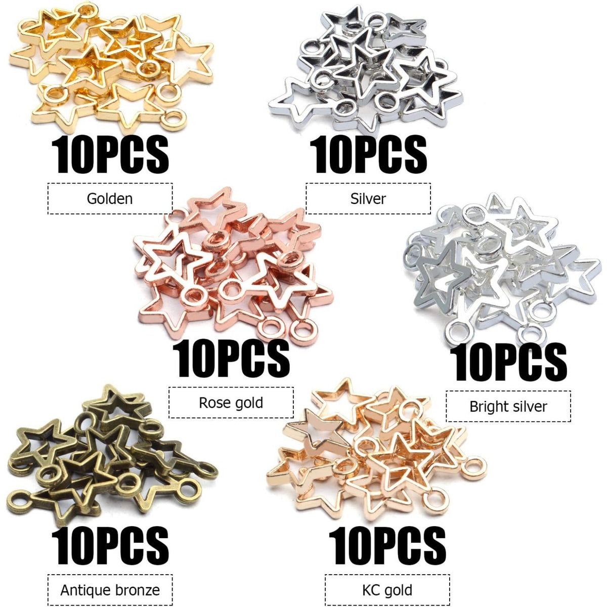 60pcs Mini Star Shaped Charms European Style Charm Hollow Star Charm Jewelry Charms Pendants for DIY Necklaces Bracelets Jewelry Accessories, 6 colors
