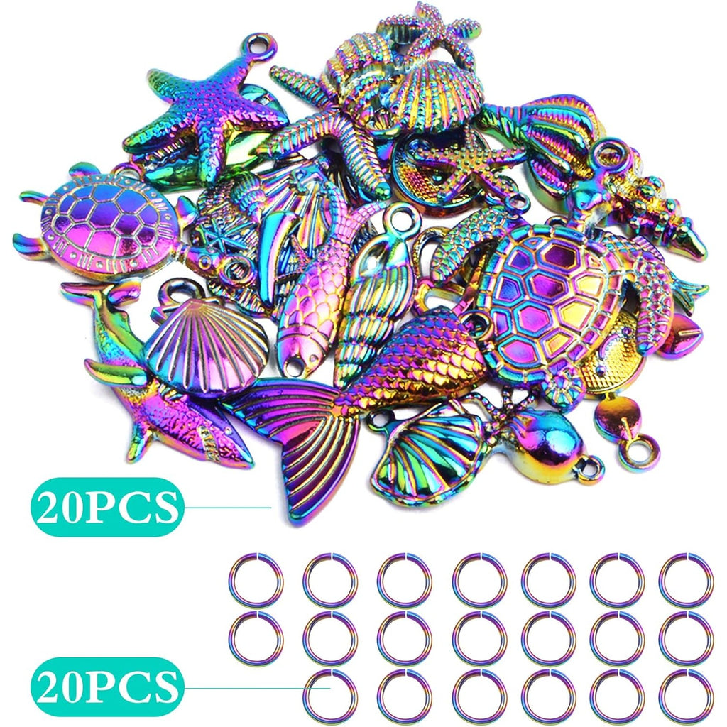20pcs Stainless Steel Mixed Ocean Beach Charms Sea Creatures Starfish Seashell Octopus Pendants and 20pcs Open Jump Rings for DIY Bracelet Necklace Jewelry Making, Rainbow Color