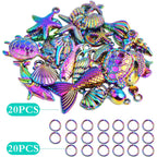 20pcs Stainless Steel Mixed Ocean Beach Charms Sea Creatures Starfish Seashell Octopus Pendants and 20pcs Open Jump Rings for DIY Bracelet Necklace Jewelry Making, Rainbow Color
