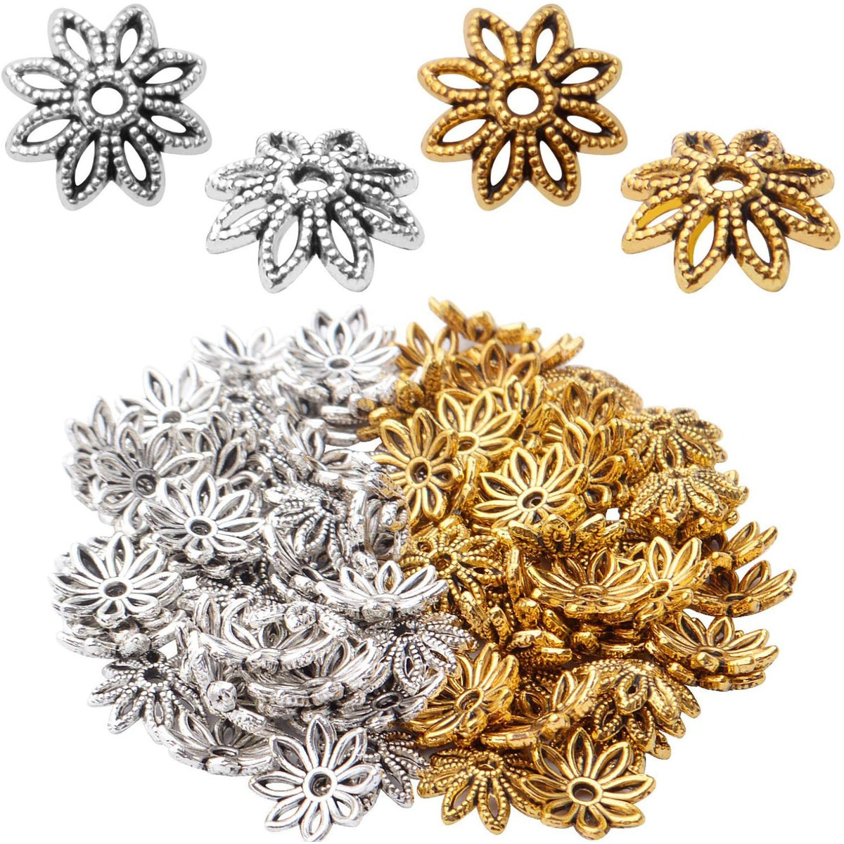 100pcs 10mm Flower Bead End Caps Tibetan Alloy Filigree Flower Caps Hollow Bead Caps Jewelry Spacer Caps for Bracelet Necklace Earring Jewelry Crafts Making
