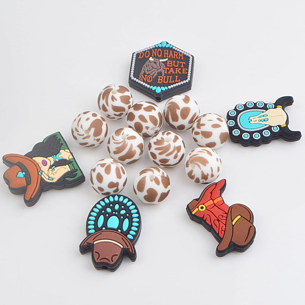 15Pcs Western Cowboy Silicone Beads Cute Hat Boot Cowgirl Animal Round Cow Printed Rubber Spacer Beads Bulk for Necklaces Bracelets Keychain DIY Jewelry Making Crafts
