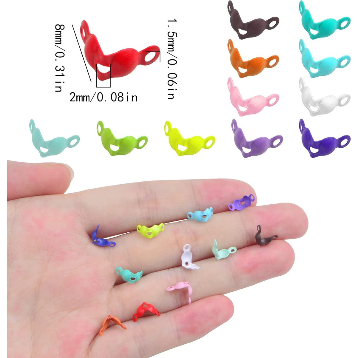 500 Pieces Multicolored Bead Tips Knot Covers Metal Open Clamshell Crimp Beads Tips Fold-Over Bead Covers Findings for DIY Bracelets Necklaces Crafts Jewelry Making