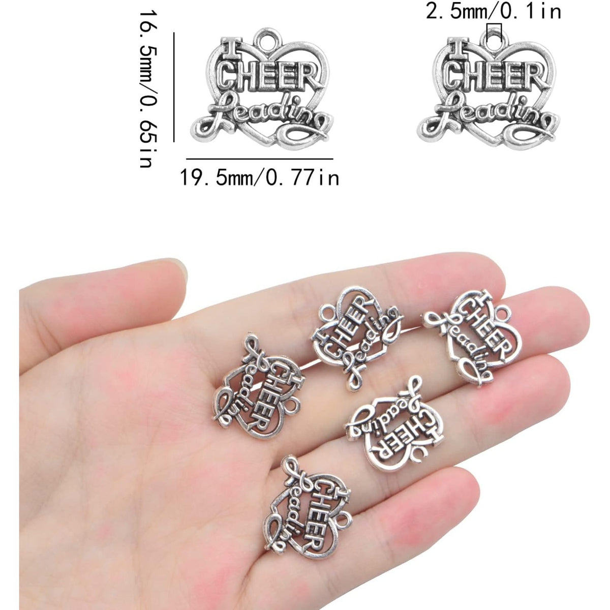 50pcs Antique Silver Heart Shape Cheerleading Charms Tibetan Alloy I Love Cheer Leading Pendants Craft Supplies for DIY Necklace Bracelet Jewelry Making Cheerleader Gifts