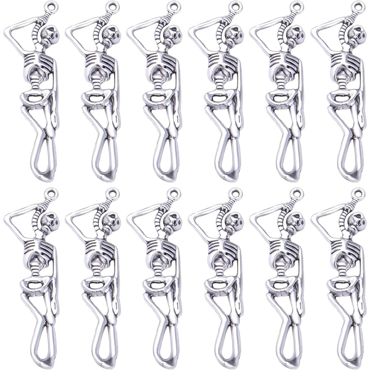 50pcs Antique Silver Skeleton Skull Charms Tibetan Alloy Vintage Dangle Skull Pendants for DIY Bracelet Necklace Jewelry Making Halloween Party Decoration, 42 mm x 12 mm