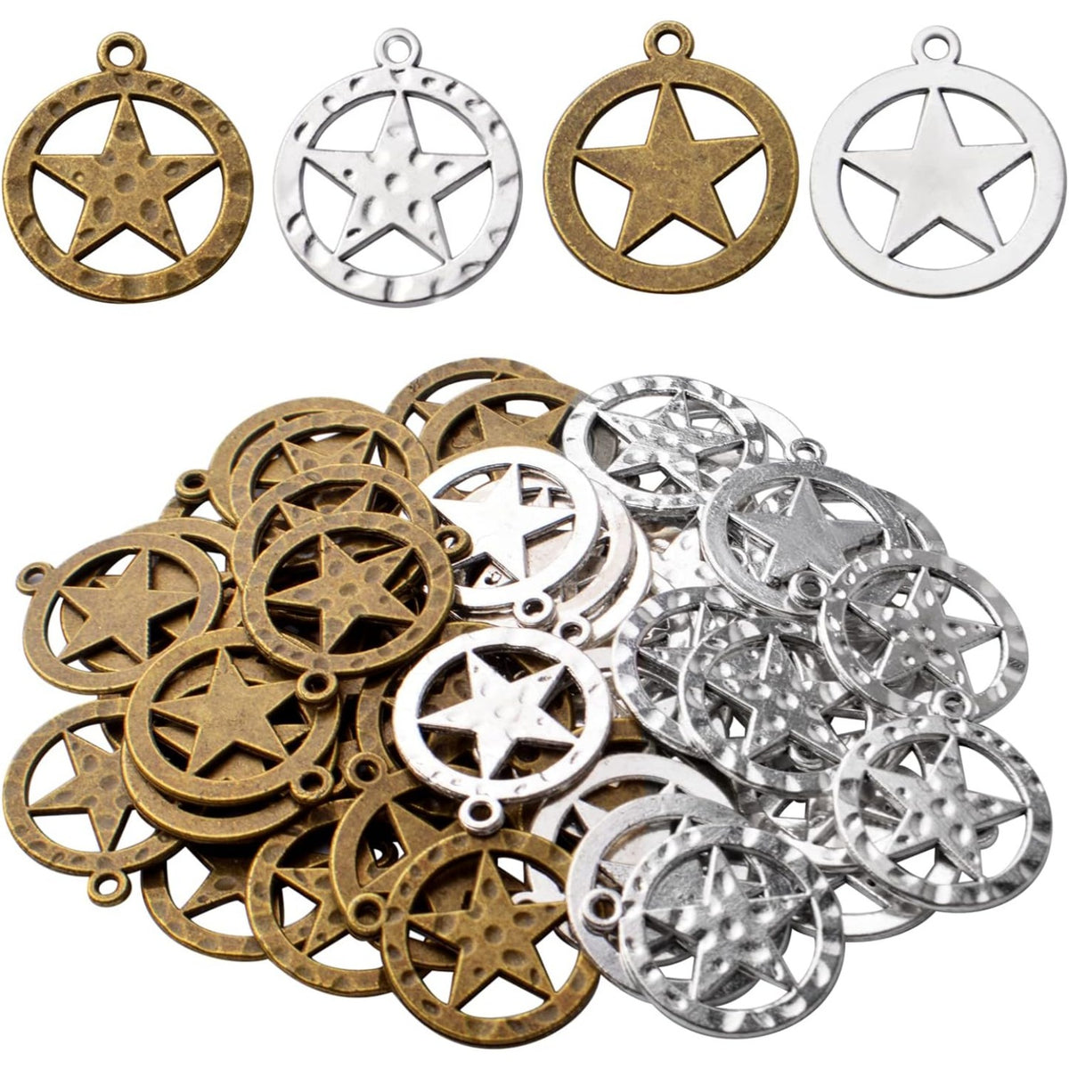 50pcs Pentagram Charms Alloy Round Star Charms Pentacle Charm Pendants for DIY Jewelry Necklace Bracelet Crafts Making,Antique Bronze,Antique Silver