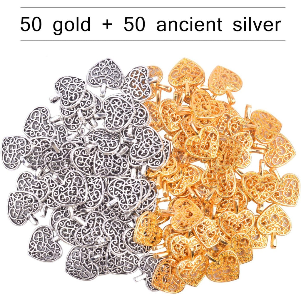 100 Pieces Heart Charms Pendants Metal Beads for Jewelry Making Bracelet Necklace,Antique Silver and Gold