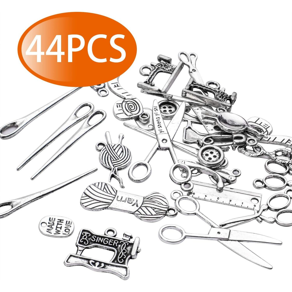 Sewing Charms Collection,44pcs Antique Silver Sewing Charms Scissor Pipe Yarn Clew Button Pendant Jewelry Making Findings for Necklace Bracelet Scrapbooking