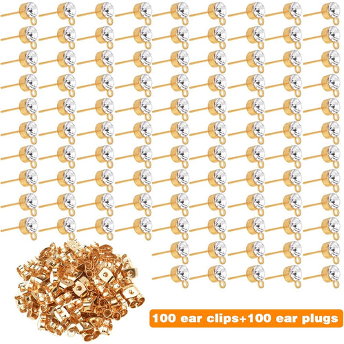 100pcs 5mm Rhinestone Earring Studs Hypoallergenic Earrings Posts with Loop and 100pcs Butterfly Earring Backs for DIY Earring Jewelry Making Supplies