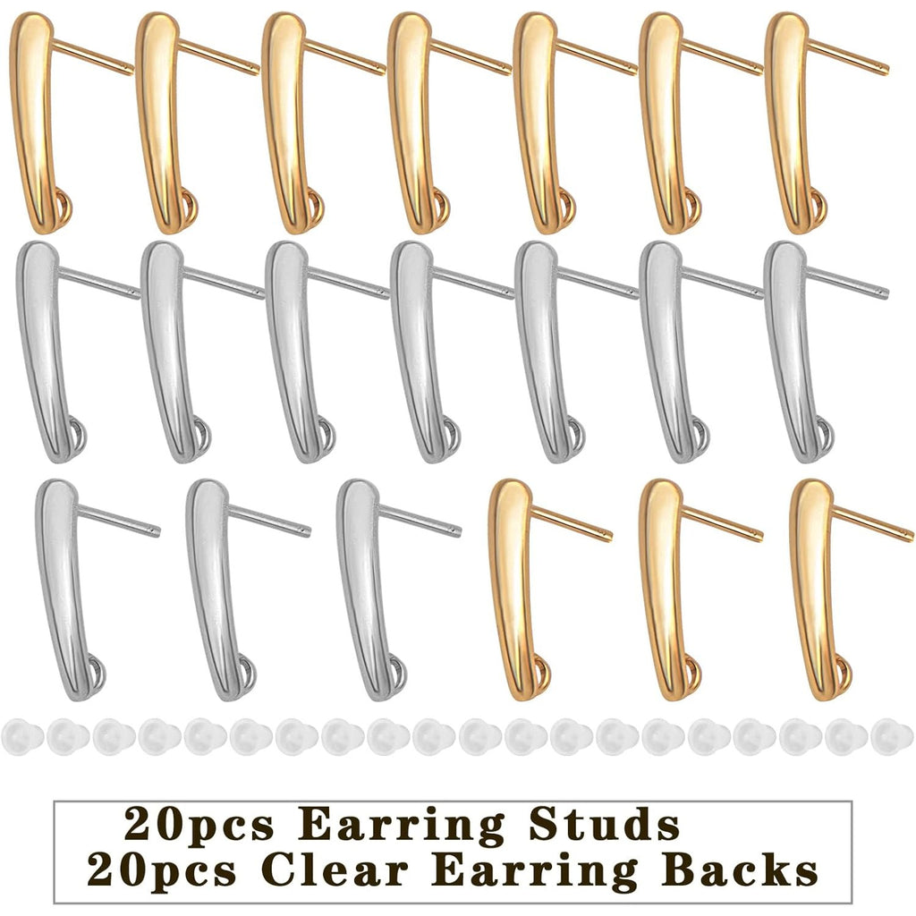 20pcs Stainless Steel Stud Earrings Rectangle Bar Pierced Ear Stud Earrings Components with 20pcs Clear Safety Earring Backs for Jewelry Making, 15x10mm, Hole: 2.6mm