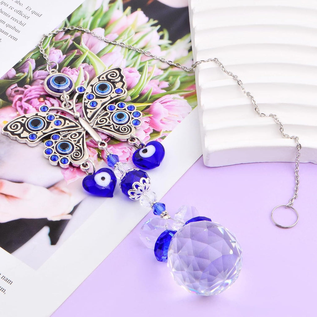 1pcs Blue Evil Eye Suncatcher Butterfly Hanging Crystal Ornament Protection Charm Prism Pendant Sun Catcher Car Ornaments Accessories for Home Office Garden Window Wall Decor