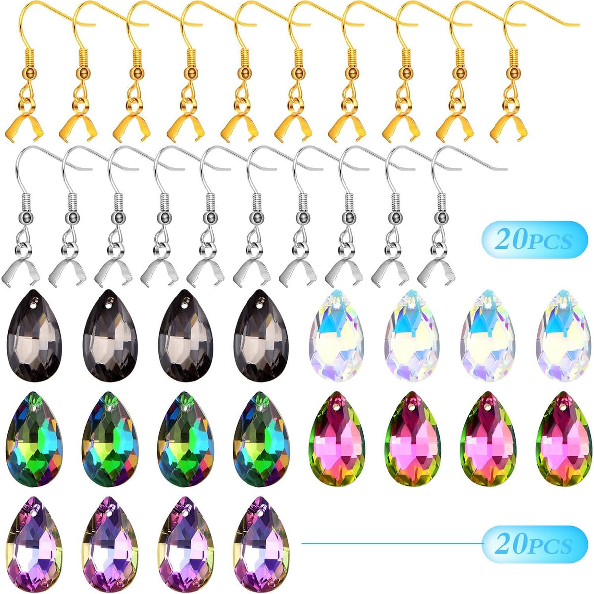 20pcs Hypoallergenic Earring Hooks Stainless Steel French Earwire Ear Ball Hooks with Pinch Bail Clasps and 20pcs Colorful Teardrop Crystal Pendants for DIY Earring Jewelry Making