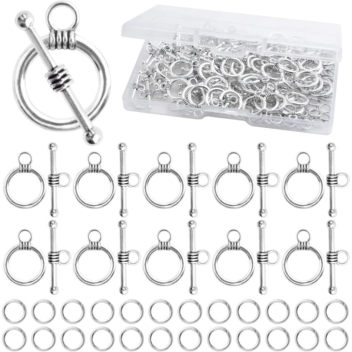50 Sets Toggle Jewelry Clasp Sets Metal Toggle Clasps Connectors Bar and Round Ring Clasps with 100pcs Open Jump Rings and a Box for DIY Jewelry Making