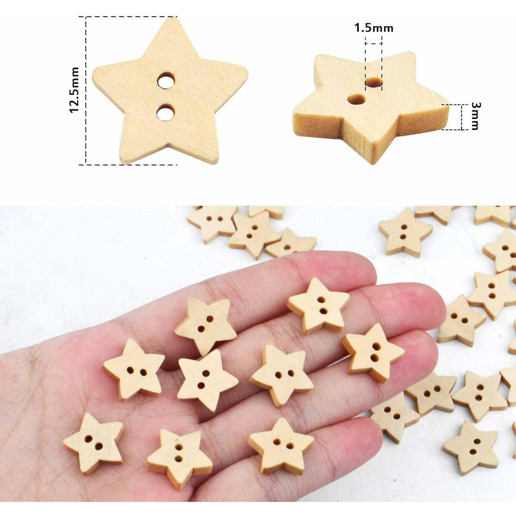 200pcs Wooden Star Buttons with 2 Holes Rustic Sewing Buttons Lovely Mini Wood Button for Costume Design Clothes Scrapbooking Art Crafts DIY Decoration