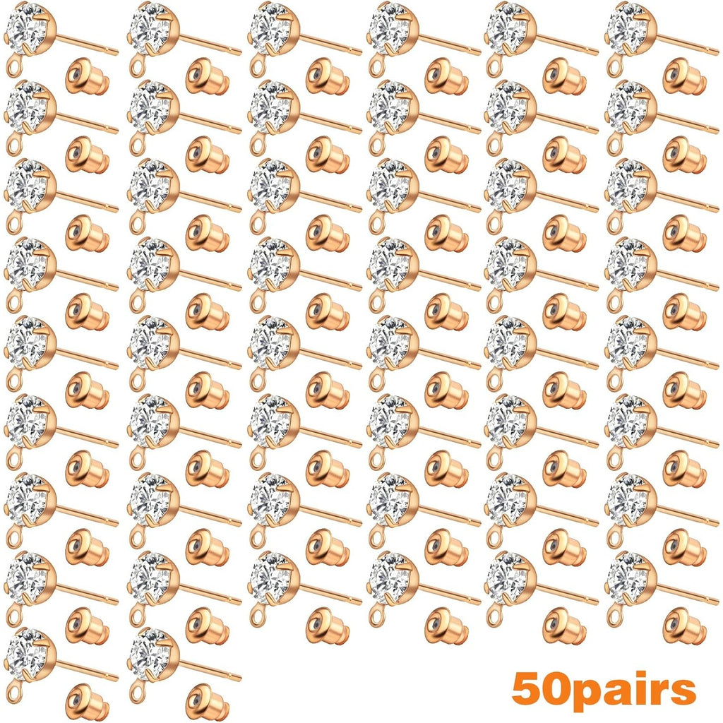 50pcs Rhinestone Earring Studs Hypoallergenic Crystal Earring Posts with Loop and 50pcs Bullet Earring Stoppers Replacement for DIY Jewelry Making(KC Golden)