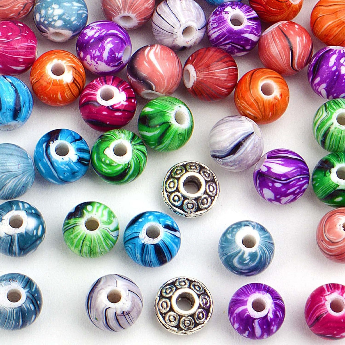 250pcs Colorful Round Loose Beads Acrylic Craft Beads in Ink Patterns and 50pcs Vintage Antique Silver Cone Spacer Beads for DIY Necklace Bracelet Jewelry Making Supplies