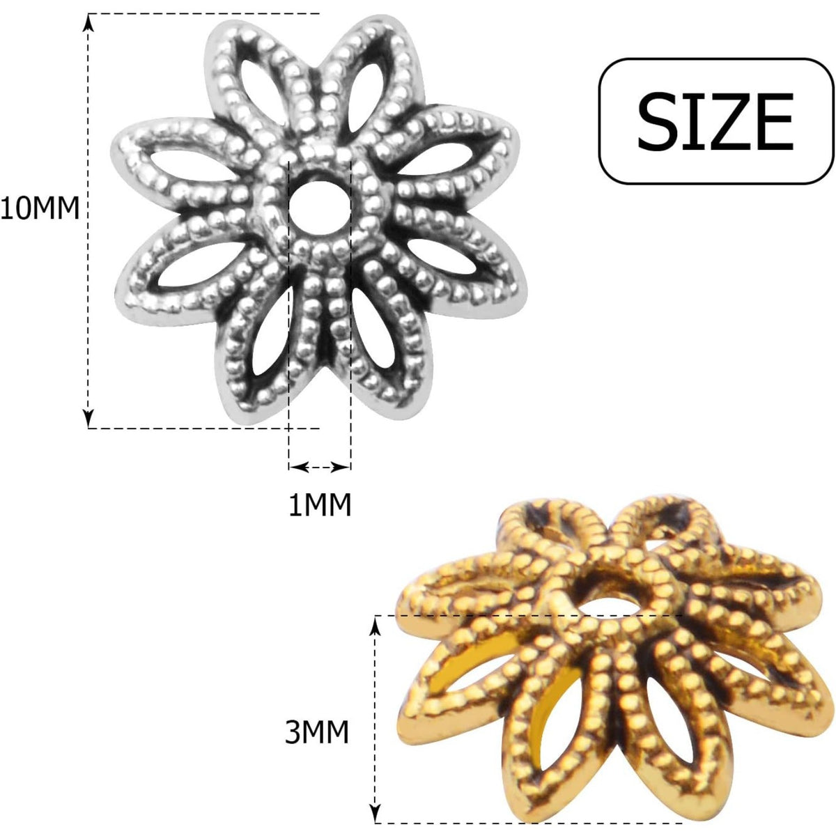 100pcs 10mm Flower Bead End Caps Tibetan Alloy Filigree Flower Caps Hollow Bead Caps Jewelry Spacer Caps for Bracelet Necklace Earring Jewelry Crafts Making