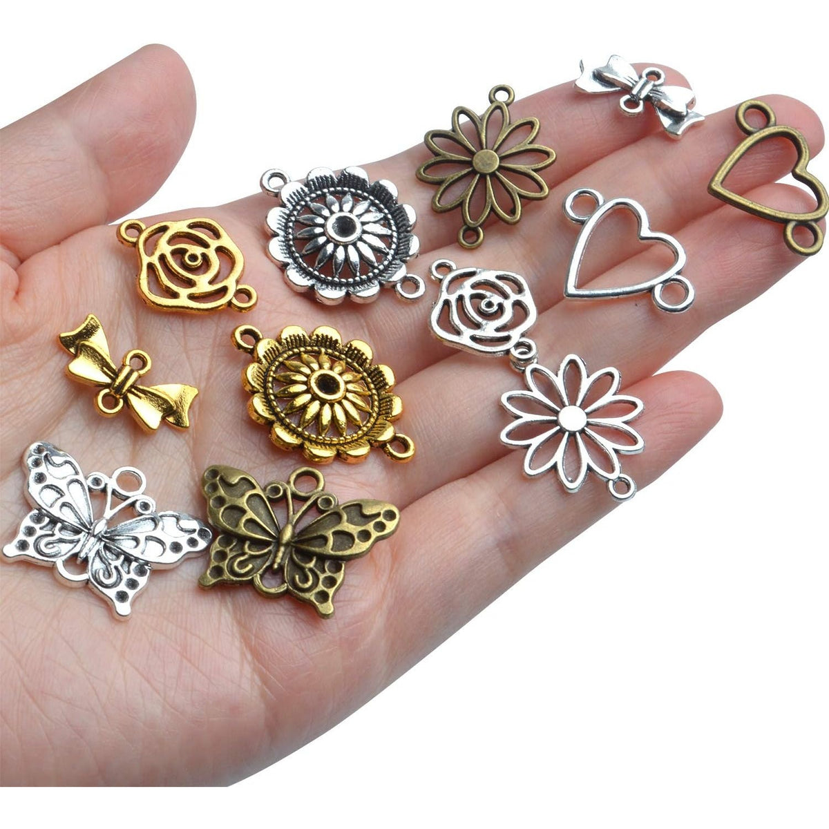 60pcs Craft Supplies Flower Heart Connector Charms Link Charms Pendants with 2 Holes for Bracelets Jewelry Making,6 Styles