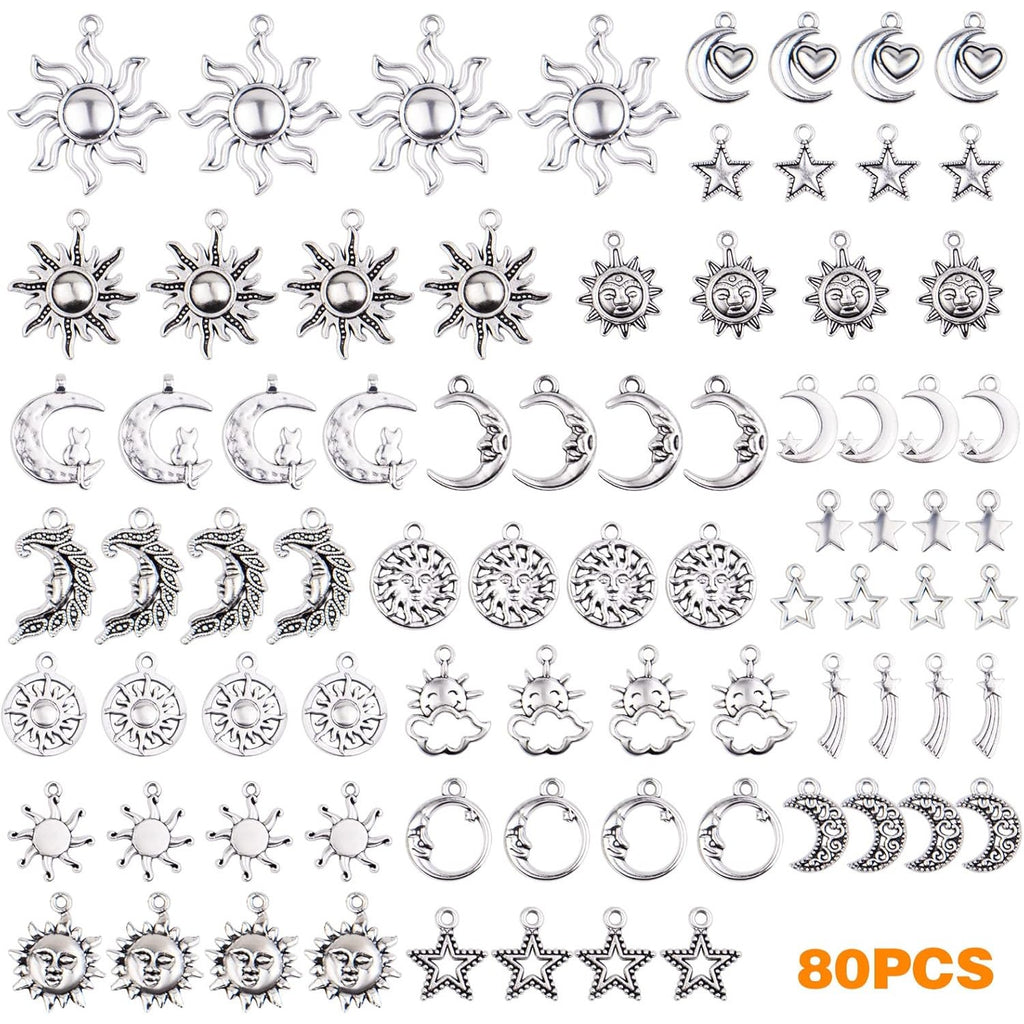 80pcs Antique Silver Sun Moon Stars Charms Alloy Vintage Celestial Dangle Pendants Jewelry Charm Accessory for DIY Necklace Bracelet Craft Supplies, 20 Styles