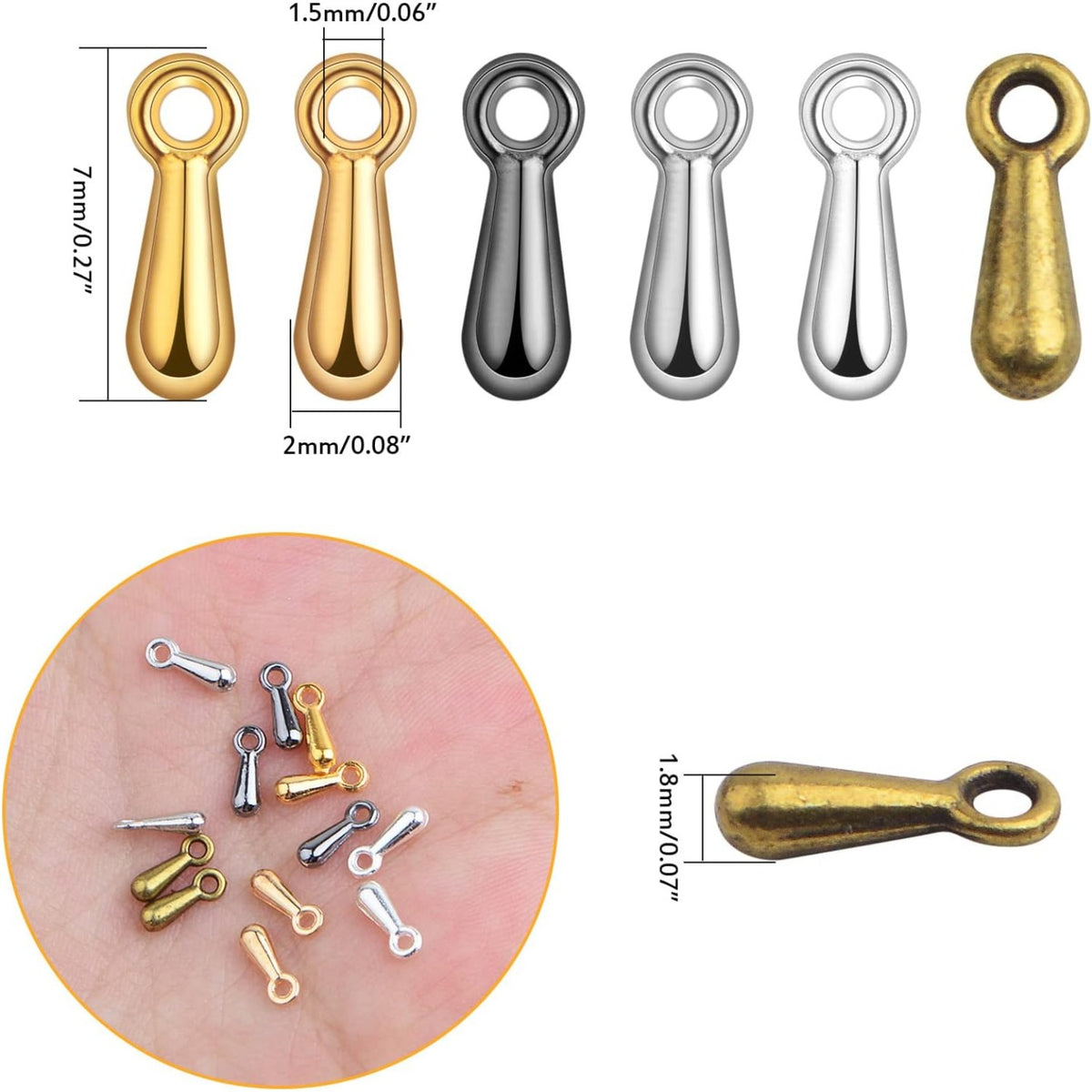 600pcs 6 Colors Teardrop Bead Charms Oval Extender Chain End Drop Dangle Charms Droplet Tail Chain Pendants for DIY Necklace Bracelet Jewelry Making Craft Decor