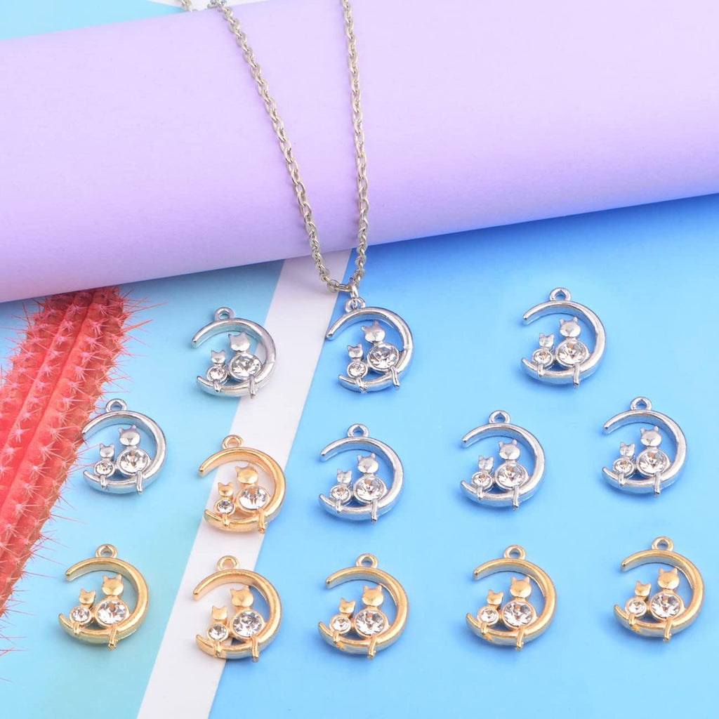20 Pieces Cute Cat on the Moon Charms with Rhinestone Alloy Celestial Moon Kitty Dangle Pendants Craft Supplies for DIY Necklace Bracelet Earrings Jewelry Making, 2 Colors