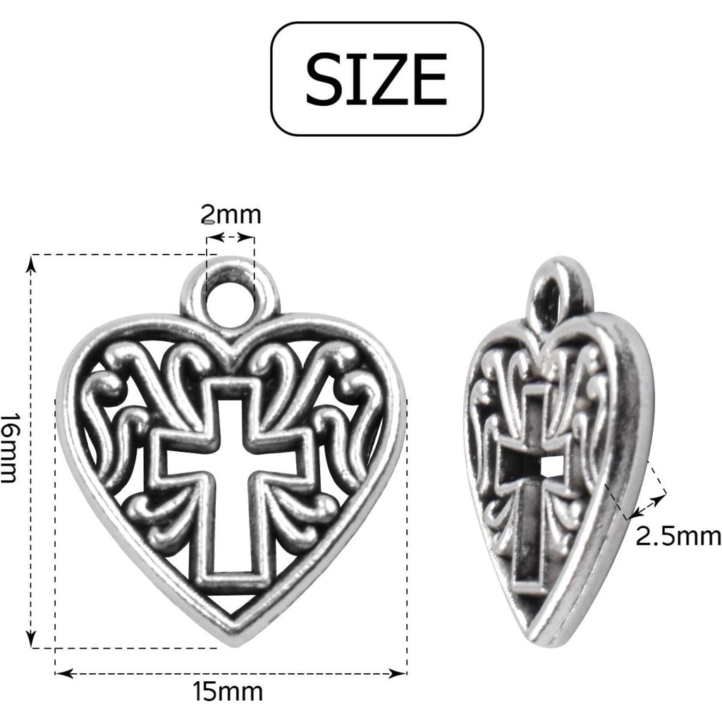 Heart Cross Charms, 50 Pieces Alloy Metal Love Heart with Cross Charms Pendants for Making Bracelet Necklace - Antique Silver