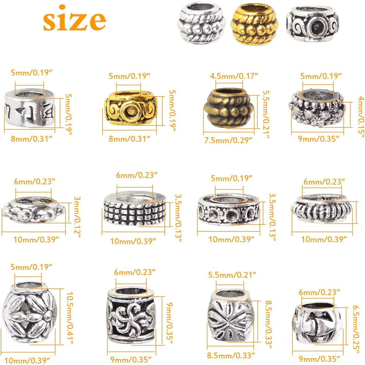 30pcs 15 Styles African Hair Beads Big Beard Beads Tibetan Style Alloy Dreadlock Hair Beads Accessories for Jewelry Making Hair Braids Hair Decoration, Mixed Colors