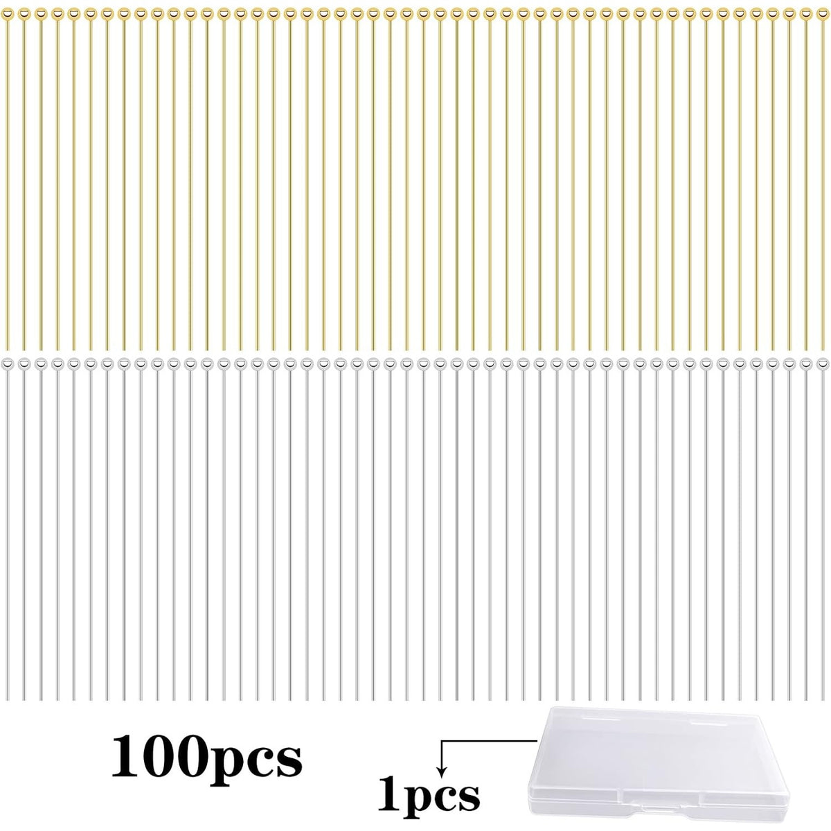 100pcs 50 mm Stainless Steel Long Head Pins Hypoallergenic Ball Head Pins Straight Craft Head Pins Needles with Plastic Box for DIY Bracelet Necklace Earrings Jewelry Making, 2 Colors