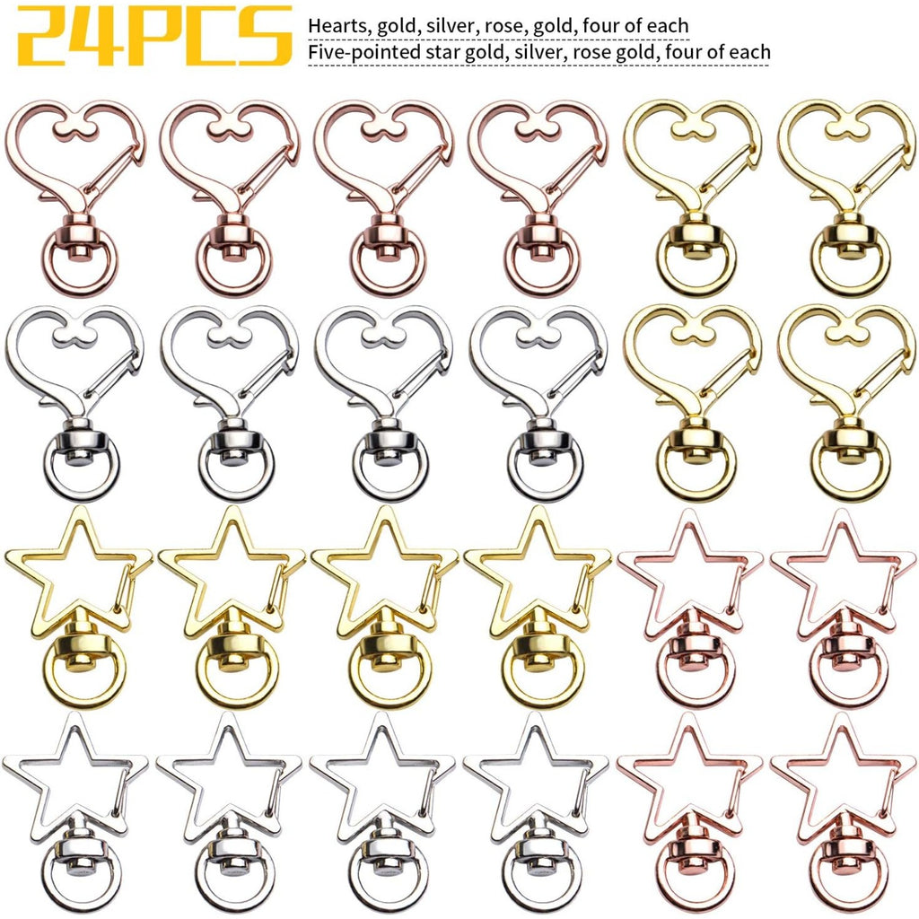 Lobster Claw Clasps, 24pcs Metal Swivel Claw Clasps Star and Heart Shape Snap Hook with Key Rings Swivel Lanyard Clips for Bag Keychain DIY Crafts, Golden, Silver, Rose Golden, 34x24mm
