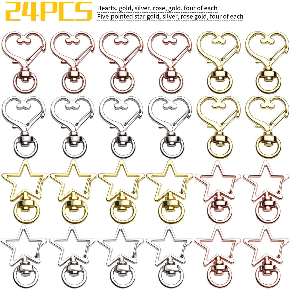 Lobster Claw Clasps, 24pcs Metal Swivel Claw Clasps Star and Heart Shape Snap Hook with Key Rings Swivel Lanyard Clips for Bag Keychain DIY Crafts, Golden, Silver, Rose Golden, 34x24mm