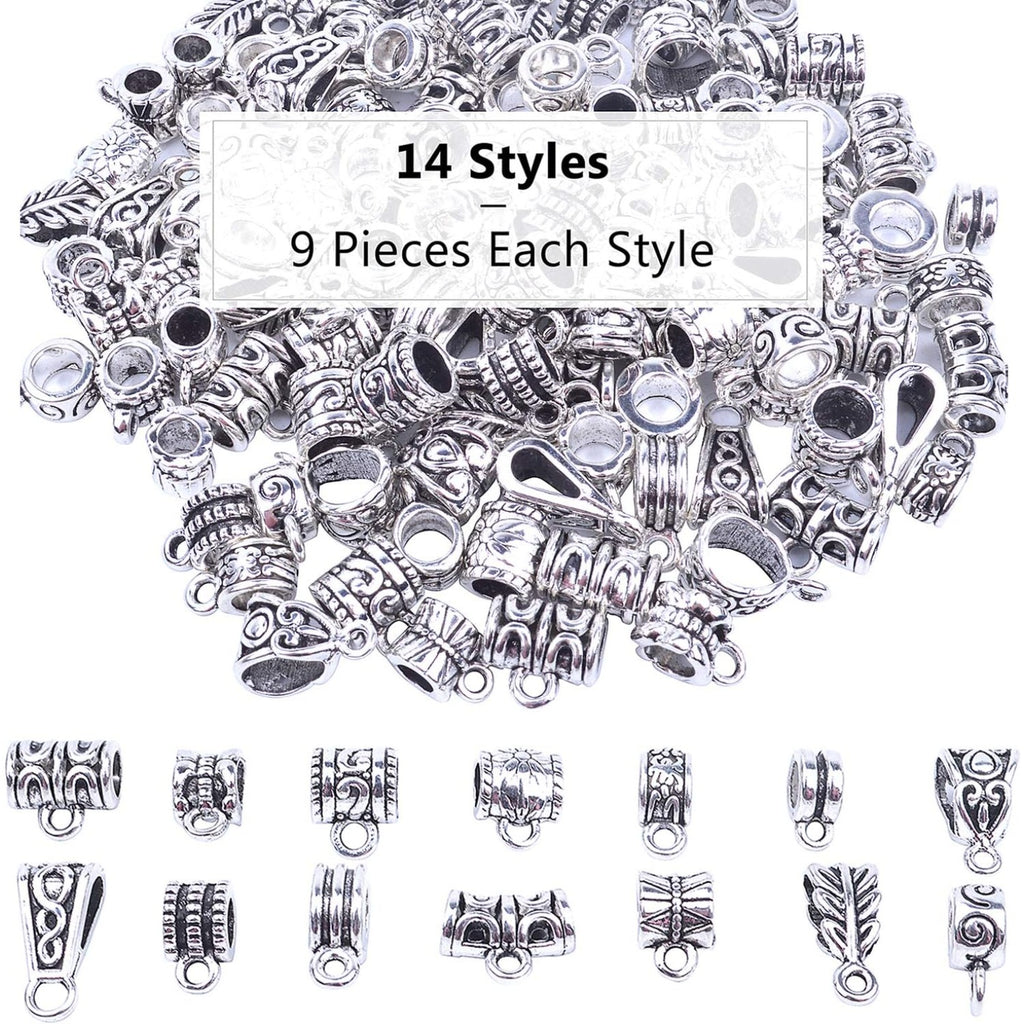 100g Bails Beads,14 Styles Tibetan Silver Bail Tube Beads Spacer Beads Bead Hanger for Jewelry Making Bracelet Necklace 120-126 Pieces