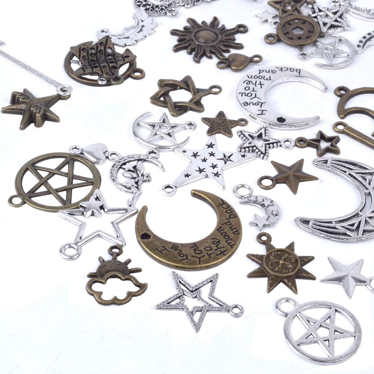 100 Gram(Approx 73 Pieces) Mixed Sun Moon Star Charms Antique Celestial Charms Pendants for Bracelets, Necklaces, Crafts and Jewelry Making, Assorted Colors