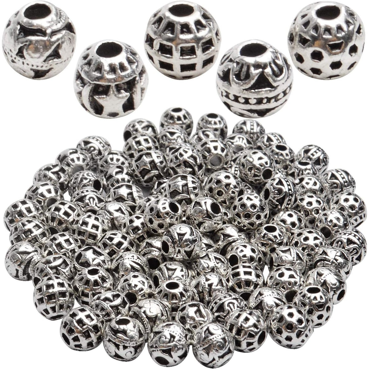 100pcs Tibetan Antique Silver Round Spacer Beads Hollow Spacer Charm Beads for Necklace Bracelet Crafts Jewelry Making,5 Styles
