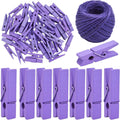 50pcs Purple Mini Wooden Pegs Pins Hardwood Photo Clips Clothespins Non Slip Laundry Pegs with 1 Roll Natural 50 M Jute Twine for Paper Photo Hanging Arts Crafts Decor