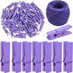 50pcs Purple Mini Wooden Pegs Pins Hardwood Photo Clips Clothespins Non Slip Laundry Pegs with 1 Roll Natural 50 M Jute Twine for Paper Photo Hanging Arts Crafts Decor