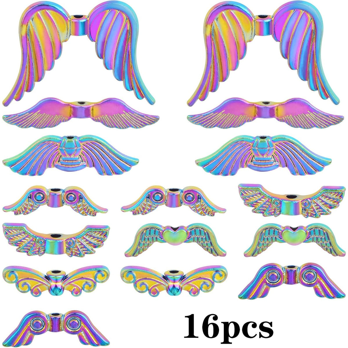 16cs 8 Styles Stainless Steel Angel Wing Spacer Beads Shiny Angel Fairy Wings Charm Beads Handmade Accessories for DIY Necklaces Bracelets Earrings Jewelry Making, Rainbow Color
