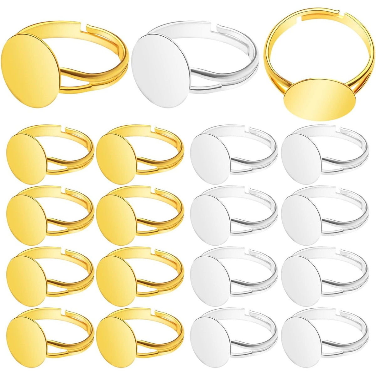 20 Pieces Metal Blank Rings Adjustable Finger Ring Flat 12mm Round Ring Base Blanks Jewelry Findings Components for Rings Making DIY Crafts, Golden, Silver