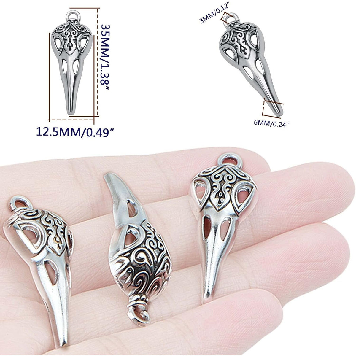 50pcs Antique Silver Skull Bird Head Charms Tibetan Style Alloy Raven Bird Skull Skeleton Pendant Charms for Halloween Witch Pagan DIY Jewelry Making