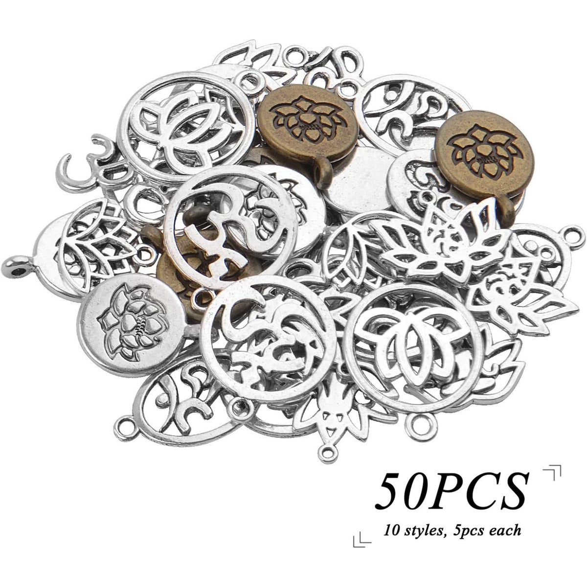 50pcs Antique Yoga OM Lotus Flower Styles Charms Mixed Pendants Findings for Jewellery Making Necklace Bracelet Crafts,10 Styles