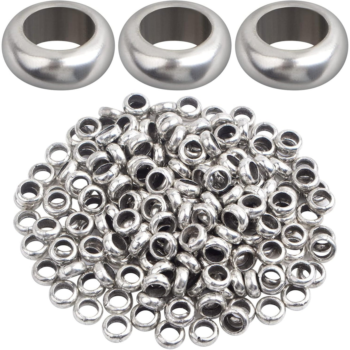 200pcs Antique Silver Large Hole Round Spacer Beads Tibetan Alloy Rondelle Spacer Beads Tiny Smooth Loose Beads for DIY Bracelet Necklace Jewelry Craft Making, Hole: 4.5 mm