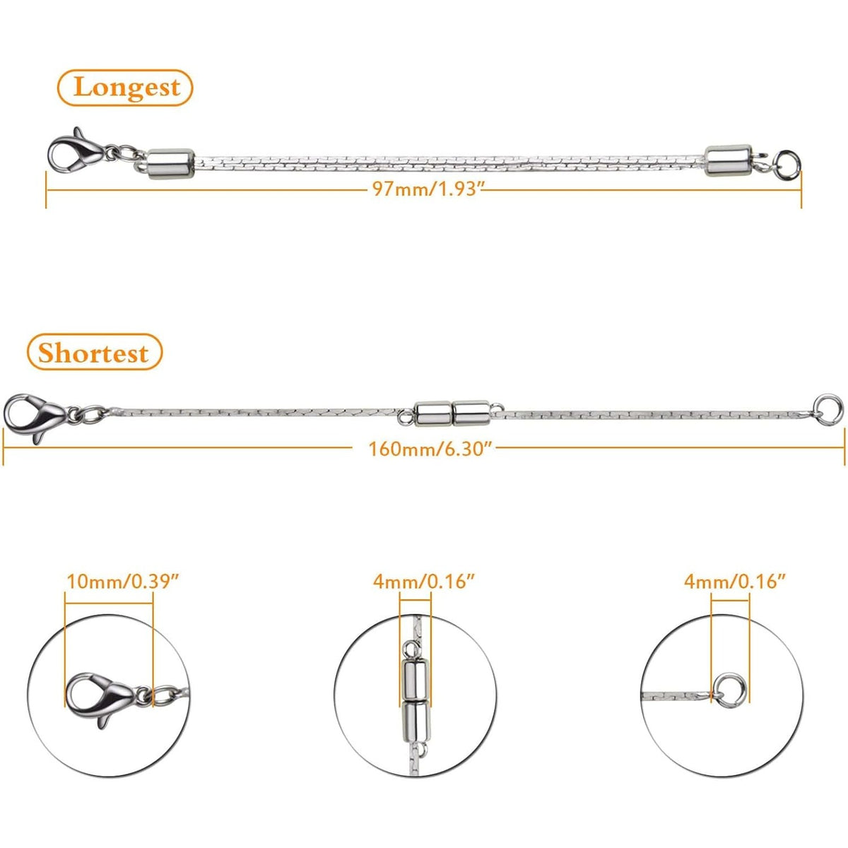 6 Pieces Stainless Steel Extender Chains Hypoallergenic Adjustable Sliding Necklace Extender Chains with Lobster Clasps for DIY Necklace Bracelet Jewelry Making Supplies