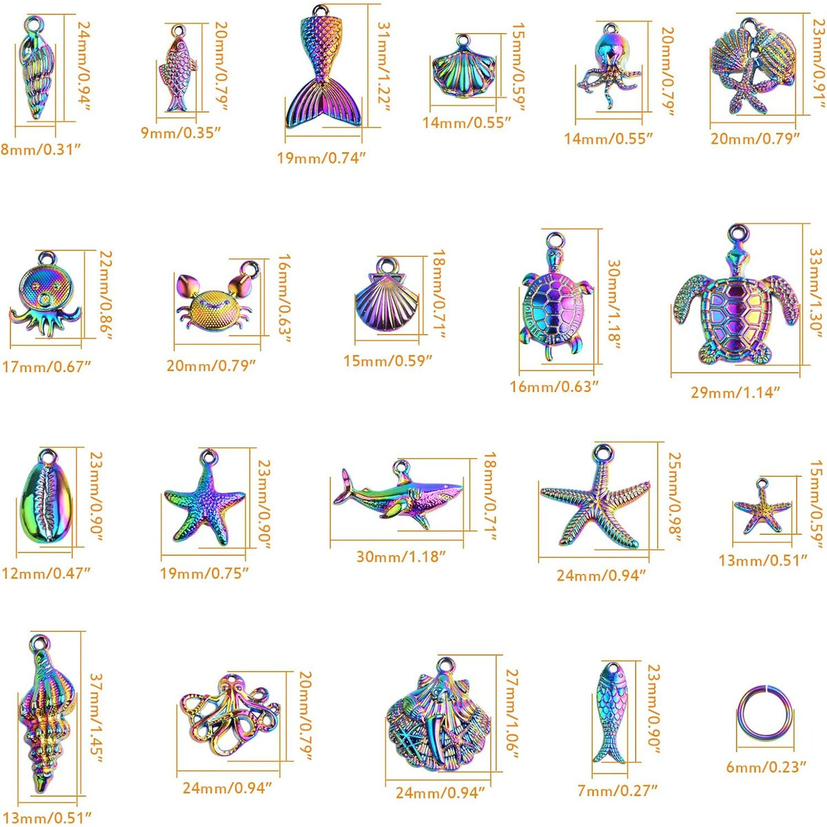 20pcs Stainless Steel Mixed Ocean Beach Charms Sea Creatures Starfish Seashell Octopus Pendants and 20pcs Open Jump Rings for DIY Bracelet Necklace Jewelry Making, Rainbow Color