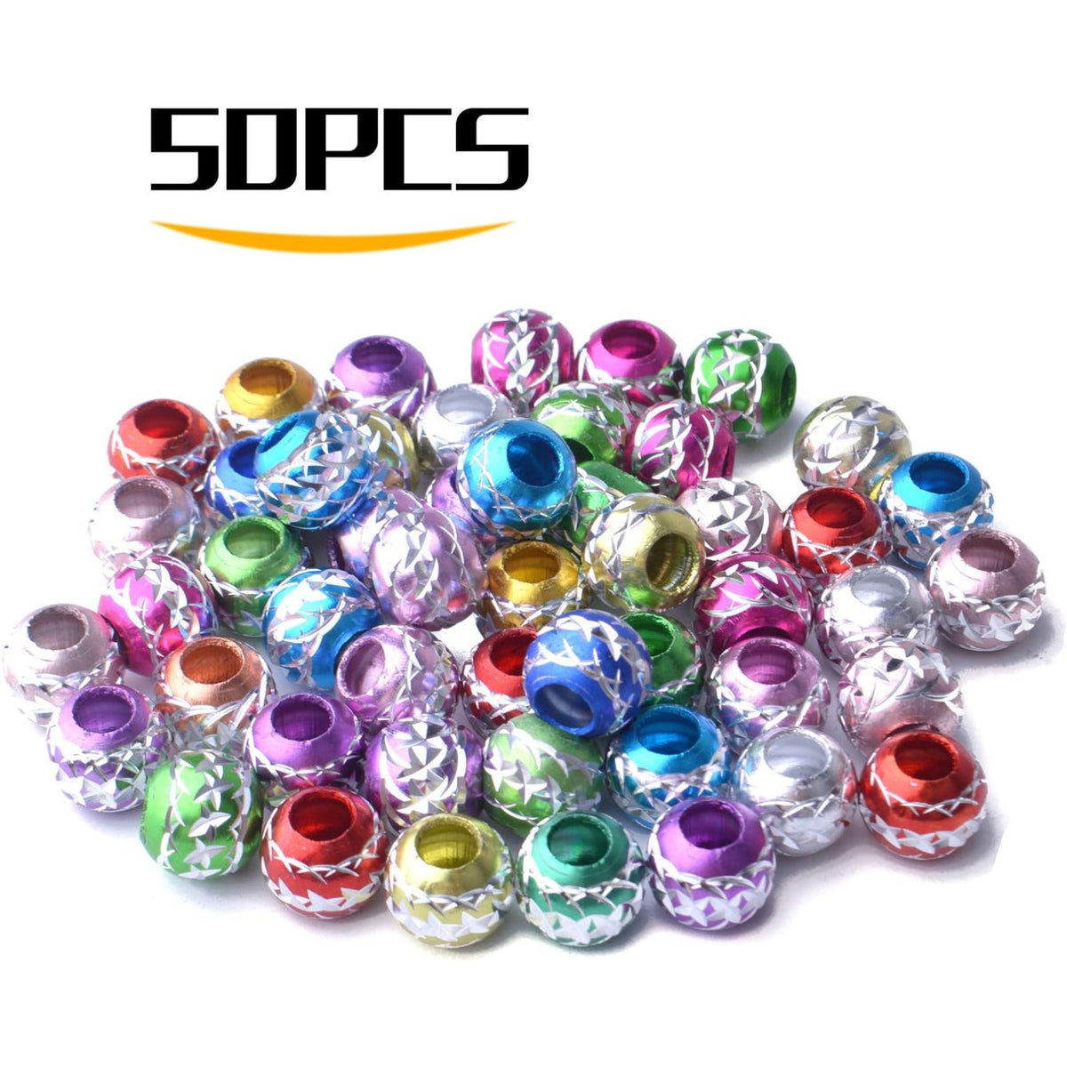 50pcs 10mm Colorful Ball Spacers Beads Aluminum Carving Big Hole Bead Spacers Rondelle Loose Beads Jewelry Spacer Charms for DIY Jewelry Crafts Making, Hole: 5mm