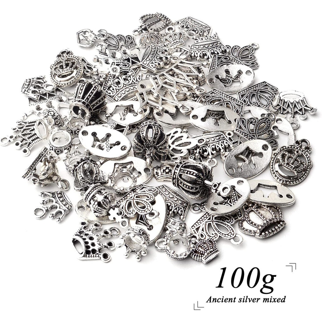 100g Antique Silver King Crown Charms Alloy Crown Pendant Charms Mixed Styles Jewelry Crown Charms for DIY Bracelet Jewelry Making Crafts Supplies