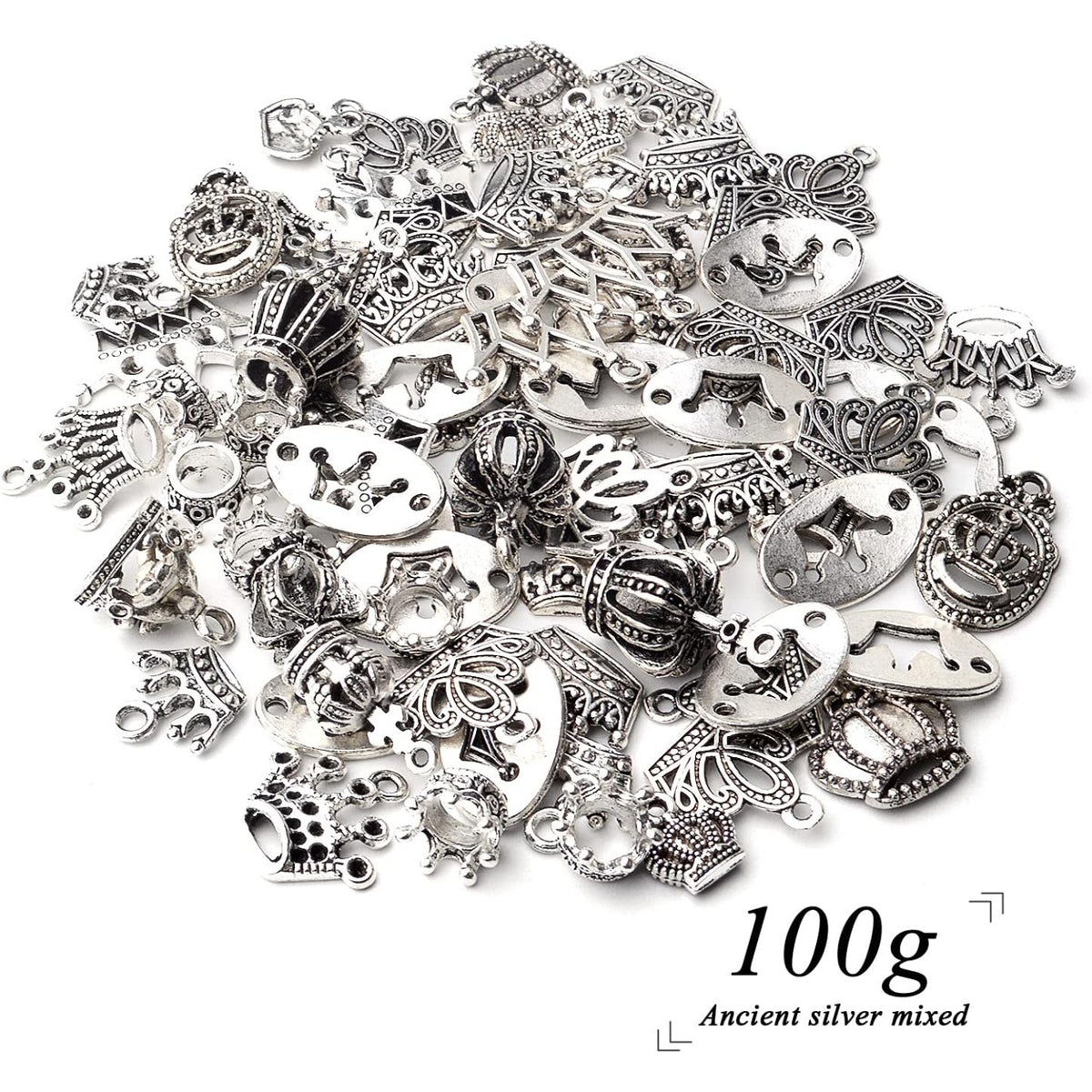 100g Antique Silver King Crown Charms Alloy Crown Pendant Charms Mixed Styles Jewelry Crown Charms for DIY Bracelet Jewelry Making Crafts Supplies