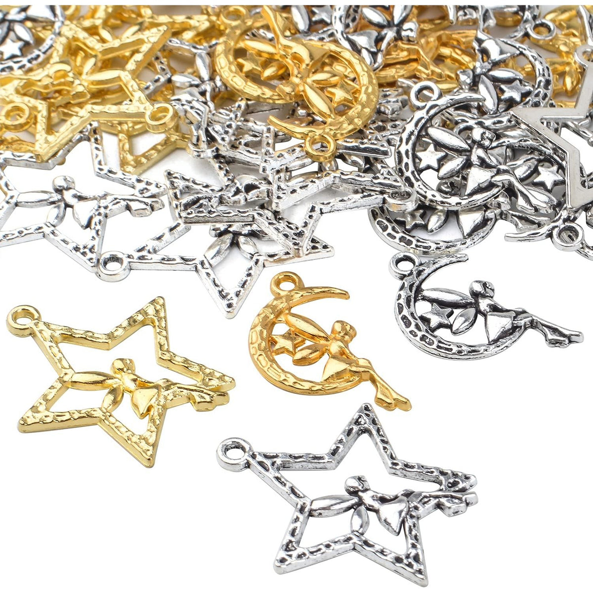60pcs Fairy Moon Star Charms Alloy Angel Fairy Charms Pendants Crafts Supplies for DIY Jewelry Earrings Necklace Bracelet Making Accessory