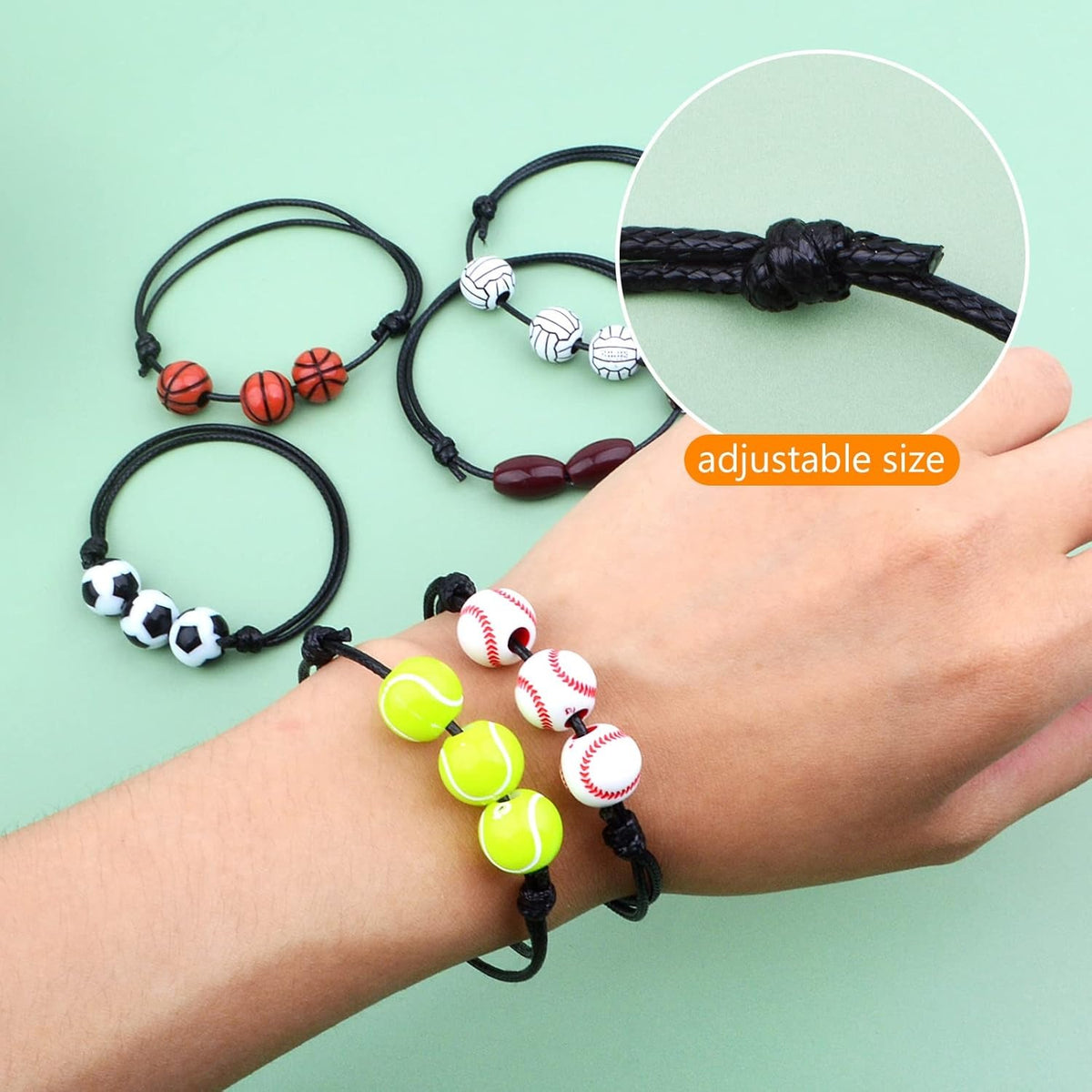 12pcs Adjustable Sport Theme Ball Charm Bracelets Soccer Basketball Baseball Volleyball Tennis Rugby Bracelet Wristbands Friendship for Teens Students Sport Team Players, 6 Styles