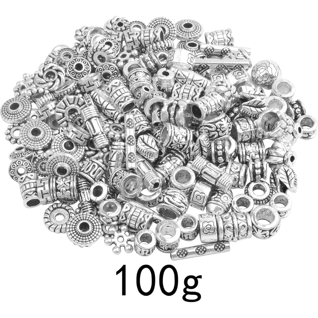 100 Gram Tibetan Antique Silver Spacer Beads Random Mixed Styles Alloy Flower Round Cone Column Loose Spacer Beads Accessories for DIY Crafts Jewelry Making Supplies