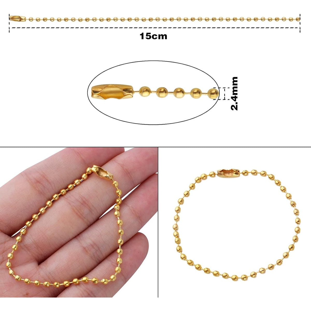 Ball Bead Chains, 100pcs 15cm Metal Long Bead Connector Clasp Ball Bead Chains Keychains Dog Tag Chains for Jewelry Finding Making Accessories, 2.4mm Diameter