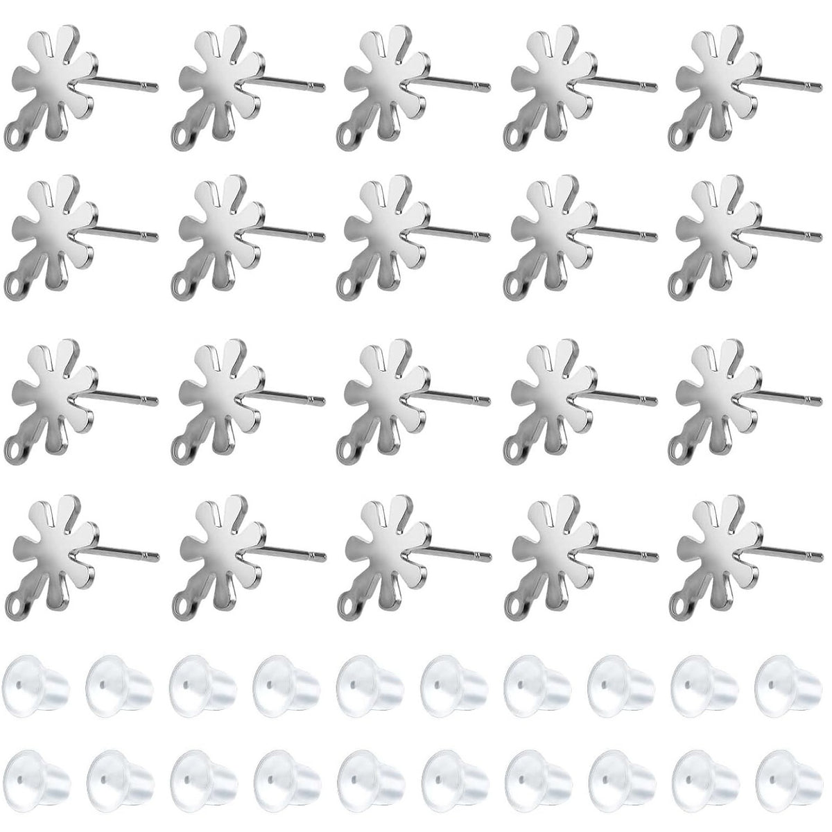20pcs Stainless Steel Snowflake Earring Posts with Loops Hypoallergenic Stud Earrings with 20pcs Clear Earring Safety Backs for DIY Jewelry Making Findings, 2 Colors